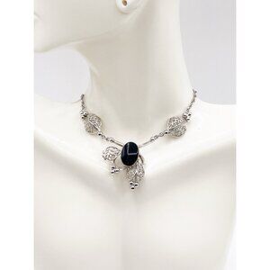 VTG Star-Art Sterling Silver Filigree Necklace Black Onyx Floral Leaf Design 15”